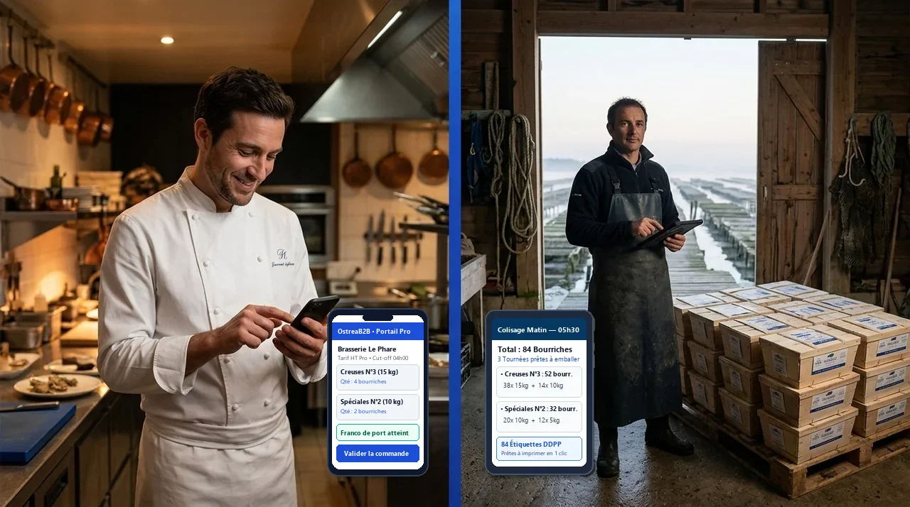 Restaurateur commandant sur le portail OstreaB2B le soir et feuille de colisage prête à 05h30 dans la cabane d'expédition