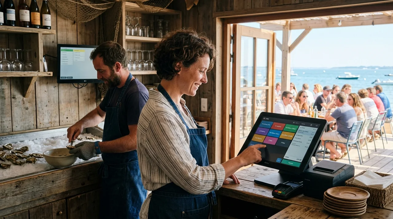 Logiciel de caisse enregistreuse tactile OstreaCabane au comptoir d'une cabane de dégustation avec écailler